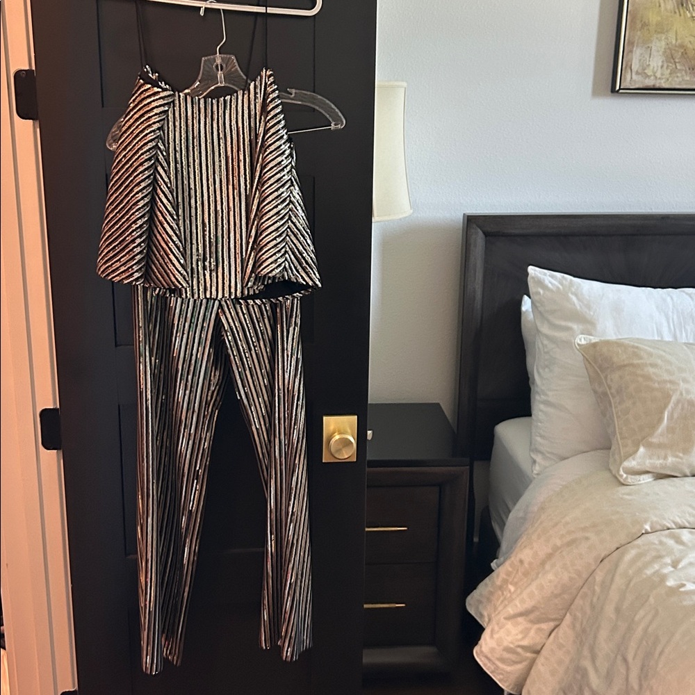 Striped sequin Black, gold and silver Two-Piece Outfit